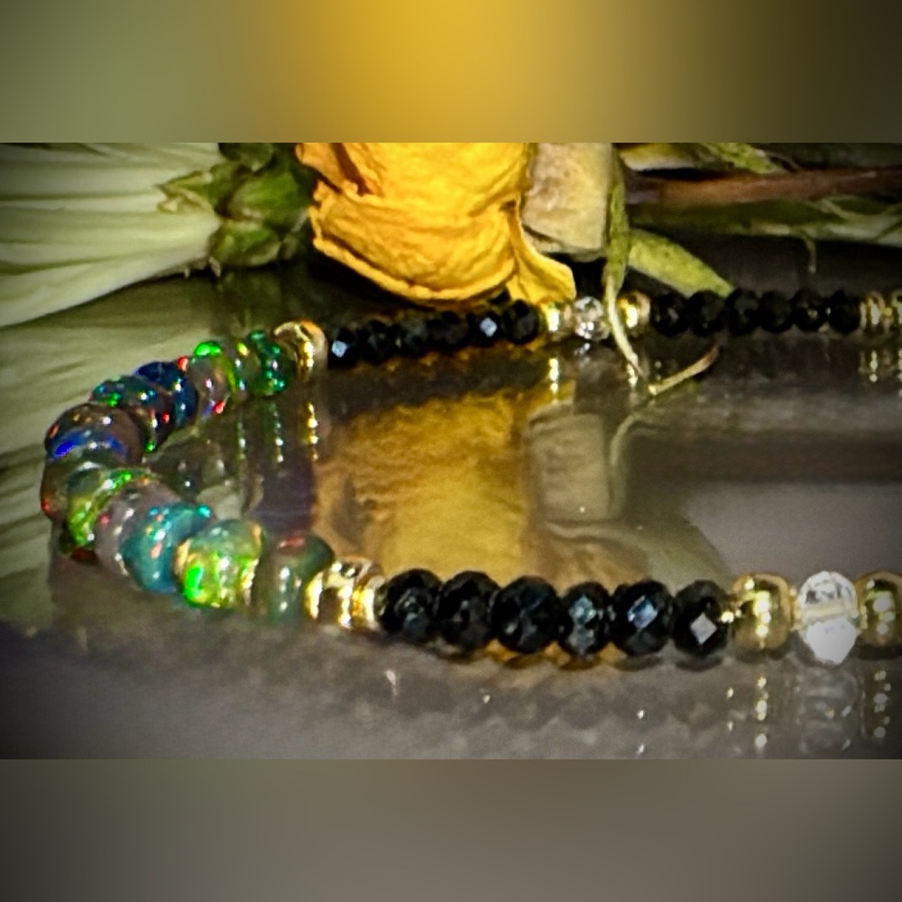 Black Welo Opal •Black Faceted Spinel• 14kt Gold Vermeil Gemstone Bracelet - Picture 2 of 7